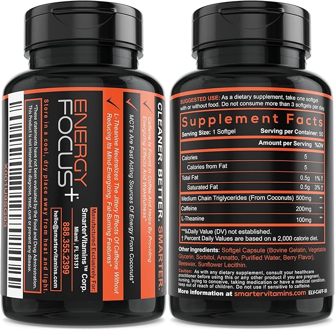 SmarterVitamins (3-Pack 200mg Caffeine Pills with 100mg L-Theanine + Coconut MCT Oil Energy and Focus Extended Release Capsule 150 Liquid Softgels