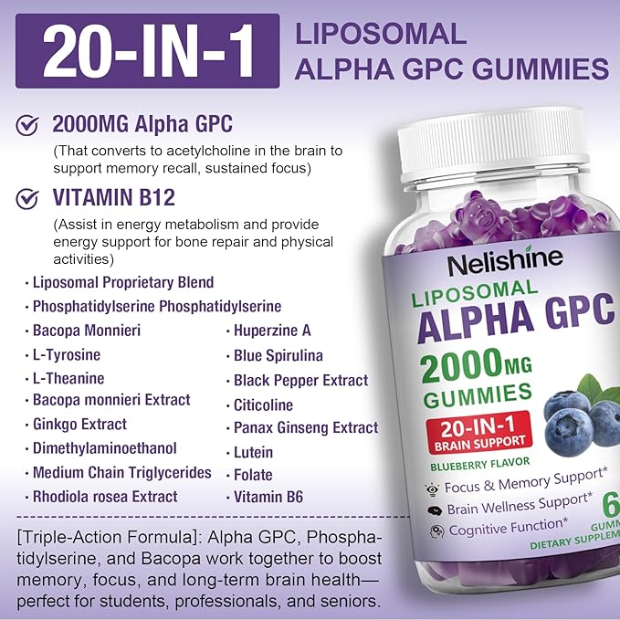 2 Pack Liposomal Alpha GPC 2000mg &amp Citicoline Gummies Complex PhosphatidylserineGinkgo BilobaL-TyrosineHuperzine A &amp B Vitamins20-in-1 Blend for Focus Memory &amp Cognitive Support