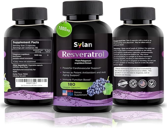 SYLAN Resveratrol Supplement 1000mg 180 Veggie Capsules Antioxidant Supports Heart Joint Brain Immune Health &amp Anti-Aging Non-GMO Made in USA Resveratrol 500mg Powder per Capsul