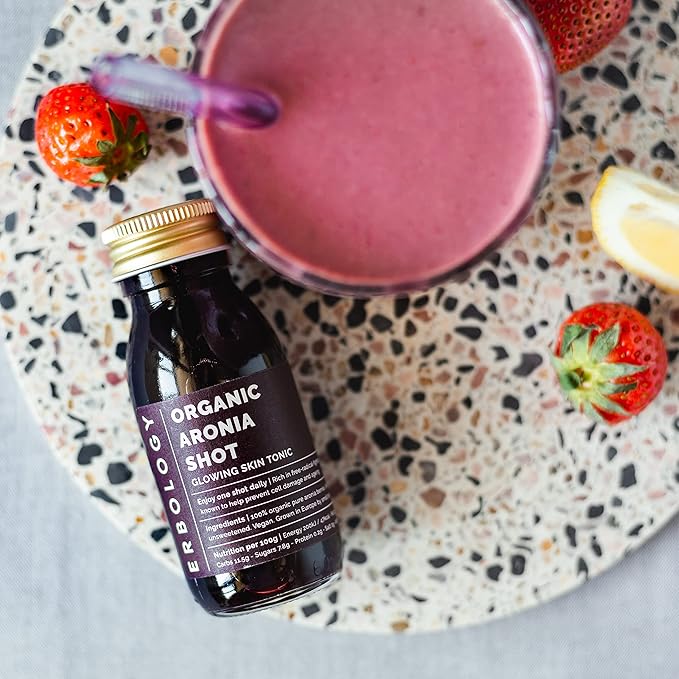 Erbology Organic Aronia Berry Juice 12 Daily Shots (2 fl oz) - Glowing Skin - Rich in Anthocyanins - Straight from Farm in Europe - Undiluted - No Added Sugar - Non-GMO - Recyclable Glass Bottle