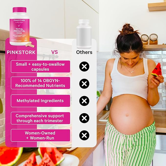 Pink Stork Total Prenatal Vitamins with DHA Folate Iron Choline and Vitamin B12 - Preconception Nutrition - Prenatals for Women Pregnancy Must Haves - Mint Essence 180 Capsules 3 Month Supply