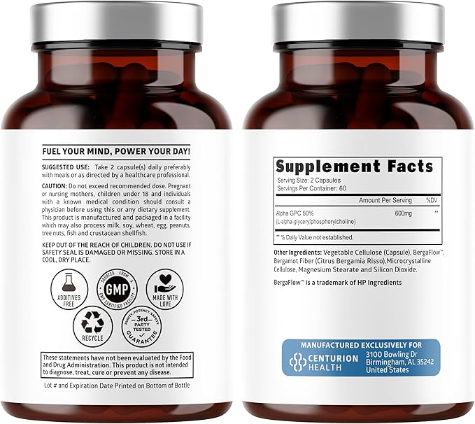 Number One Nutrition Premium Alpha GPC Choline Capsules 600mg Natural Brain Supplement to Support Focus Memory Clarity and Energy 120 Veg Caps