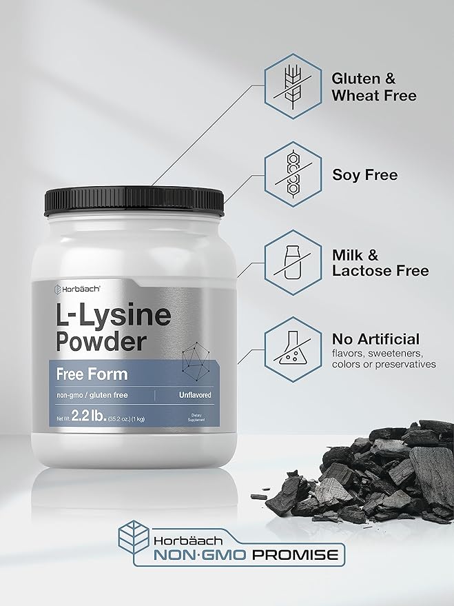 Horbäach L-Lysine Powder | 2.2 lbs | Unflavored Free Form Supplement | Vegetarian Non-GMO Gluten Free Formula