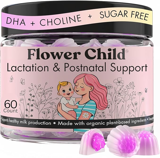 Flower Child Breastfeeding Gummies for Milk Production with Organic Moringa Milk Thistle Choline &amp DHA Lactation Supplement Postnatal Recovery Vitamins Fenugreek Free Vegan 60 Count