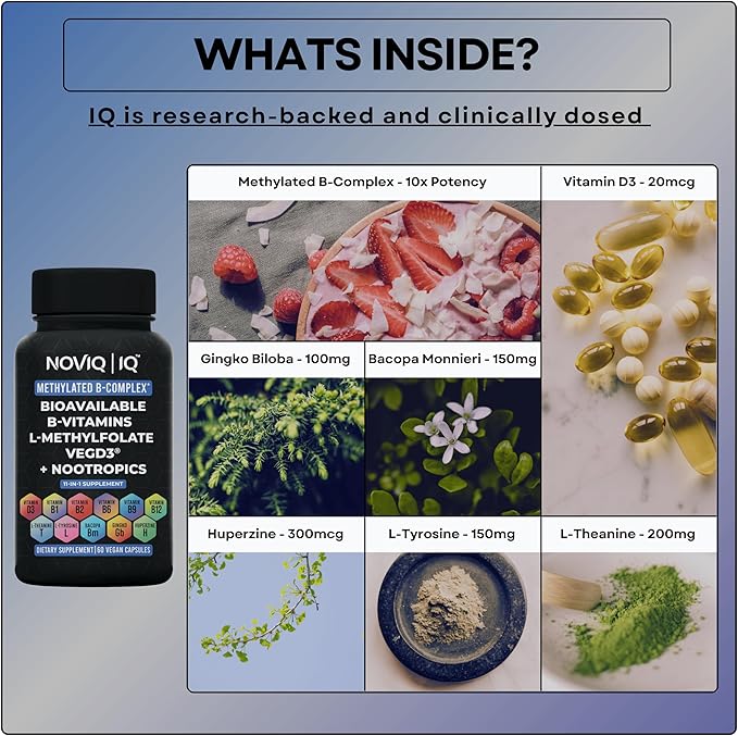 11-in-1 Methylated B-Complex Supplement: 680mcg L-Methylfolate(5-MTHF) Thiamine(B1) Riboflavin(B2) Pyridoxal(B6) Methylcobalamin(B12) - VegD3® + Nootropics - 1100mg+ Serving - 60 Count