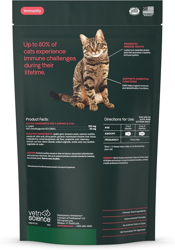 VetriScience Lysine Immunity Health Chews 250 mg Lysine Plus Immune Supplement for Cats and Kittens with Allergies Sneezing Runny Nose and Watery Eyes Chicken 120 Count (Pack of 2)