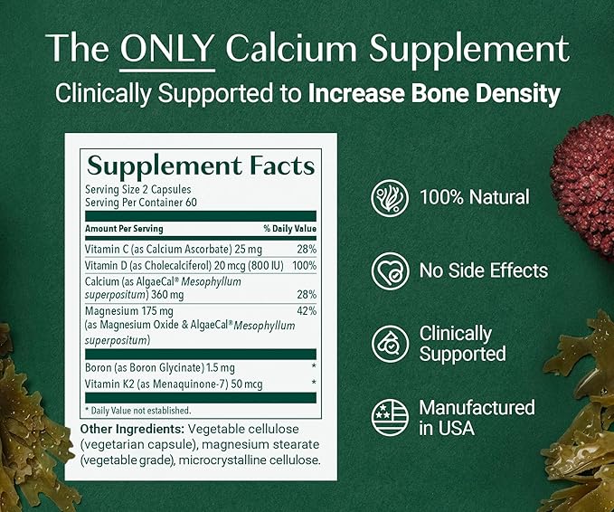 ALGAECAL Organic Red Algae Calcium Supplement for Bone Density &amp Strength Vitamin K2 MK7 (100mg) Vitamin D3 (1600 IU) Magnesium (350mg) &amp Trace Minerals Easy to Swallow 120 Veggie Caps 3