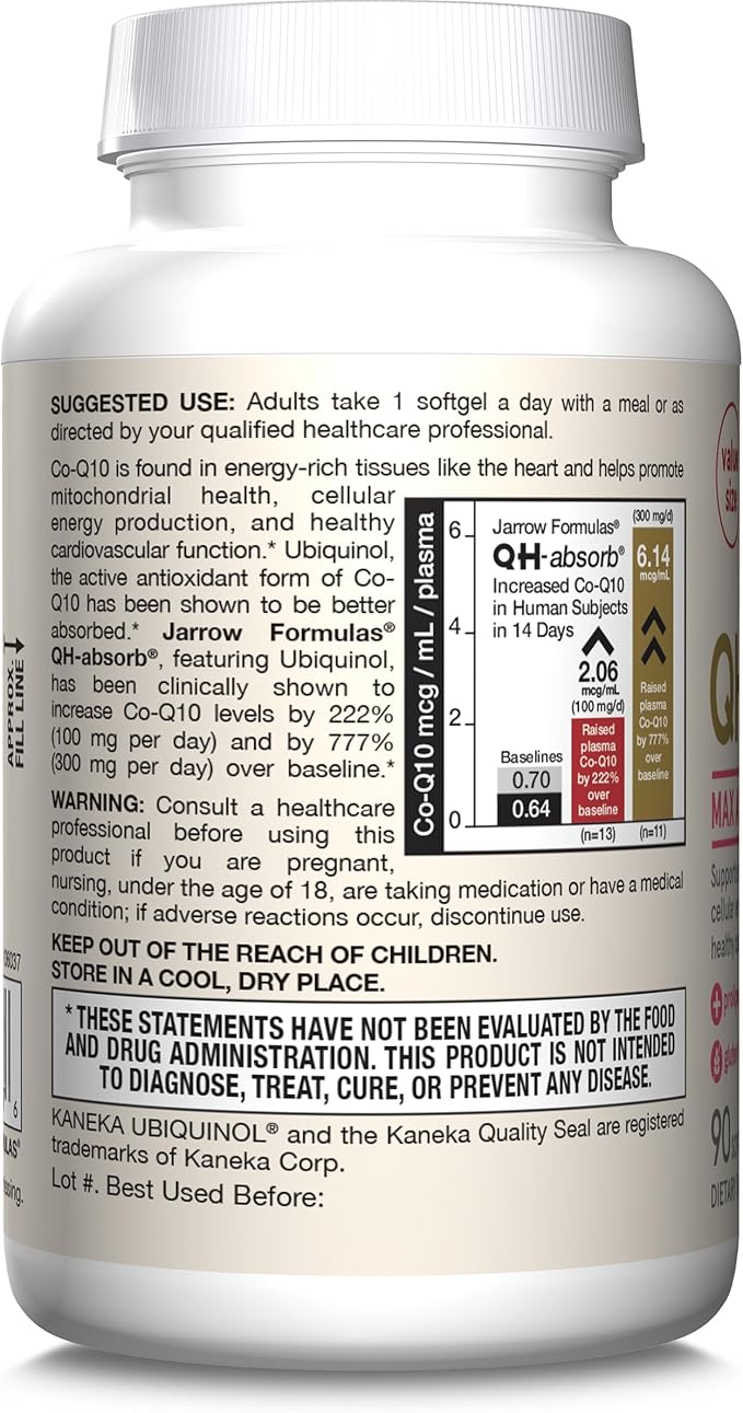 Jarrow Formulas CoQ10 200mg Softgels - 90 Day Supply Ubiquinol Co Q 10 Supplement for Cardiovascular Health 90 Softgels