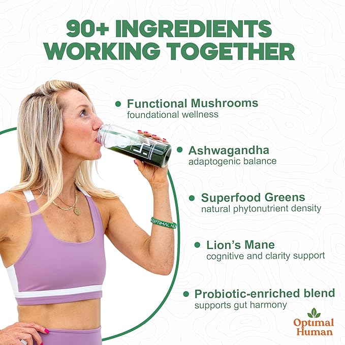 Optimal Human Superfood Greens Powder – 90+ Ingredient Blend with Lion’s Mane Supplement Ashwagandha &amp Turmeric – Non-GMO Soy-Free Mushroom Supplements for Women – 20 Sachets