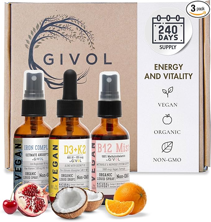 Energy &amp Vitality Bundle Liquid Vitamin Spray Trio - B12 Methylcobalamin Iron Bisglycinate and D3 (Lichen) &amp K2 (MK4 &amp MK7) Non-GMO Gluten Free Sugar-Free 2 Fl Oz (60 ml) 540 Days Su