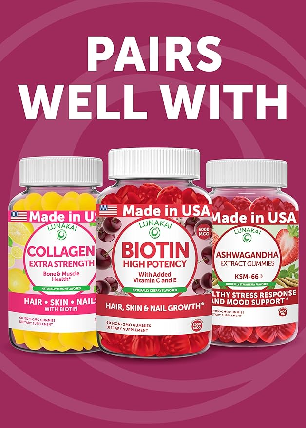 Lunakai USA Made Super Hair Gummies with Biotin Zinc Horsetail Extract &amp Saw Palmetto - Hair Growth Vitamins for Women &amp Men – Supports Thicker Longer Stronger Tresses Skin &amp Nails 6