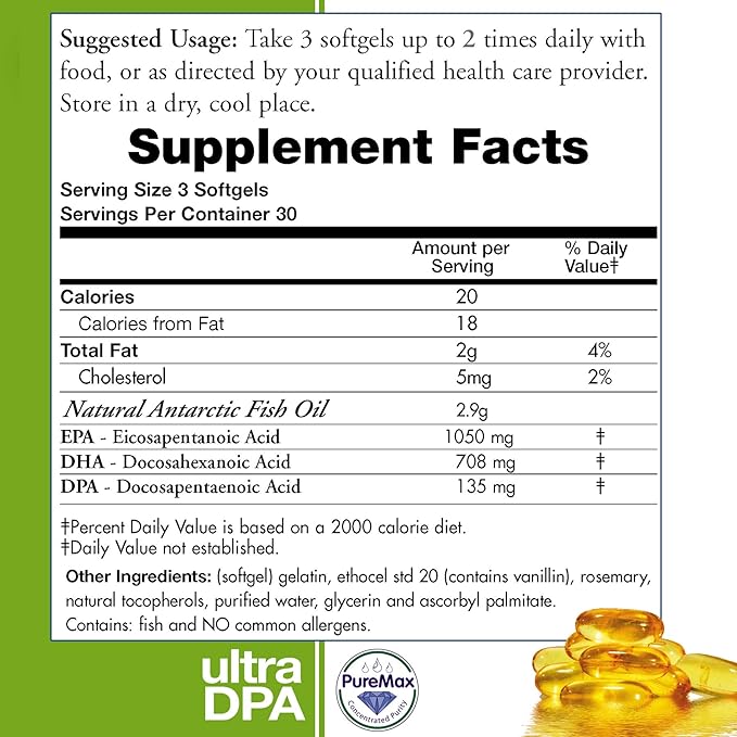 (Pack of 3) Wild Caught Natural DPA Fish Oil Sustainable Omega 3 DPA-EPA-DHA 2900 Milligram Fish Oil Supplement - Ultra Pure Triple Strength Concentrate - Burp-Less SoftGels