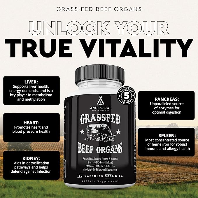 Ancestral Supplements Beef Liver &amp Beef Organs Bundle – Supports Energy Immunity &amp Whole Body Wellness – Grass Fed Pasture Raised Multivitamin with Liver Heart Kidney Pancreas &amp Splee