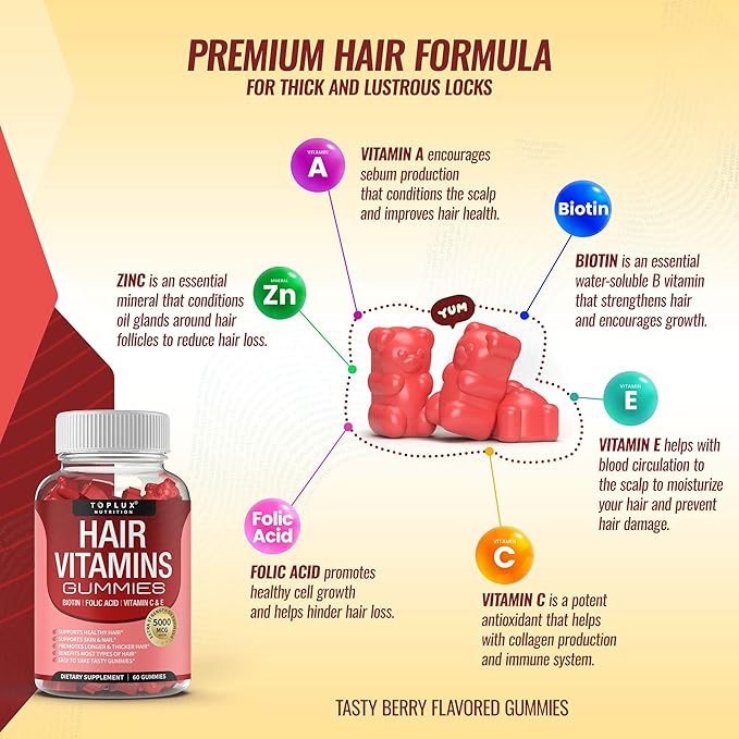Hair Vitamins Gummies Supplement – Faster Hair Growth Gummy 5000mcg Biotin Folic Acid Vitamin C &amp E Support Stronger &amp Thicker Hair Skin Nails Non-GMO for Men Women 60 Berry Flavored G