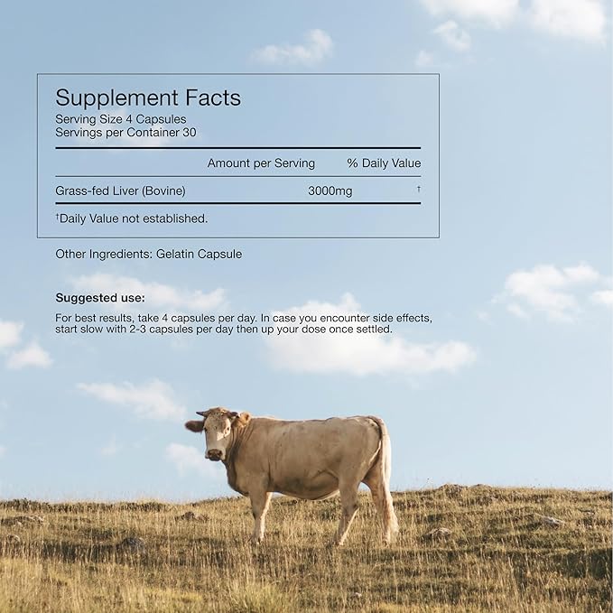 Grass Fed Beef Liver Supplement – 3000mg Freeze Dried Desiccated Organs – Nutrient Source for Joints Bones Hair Skin Nails &amp Daily Energy – 120 Pasture-Raised Capsules - 60 Day Supply