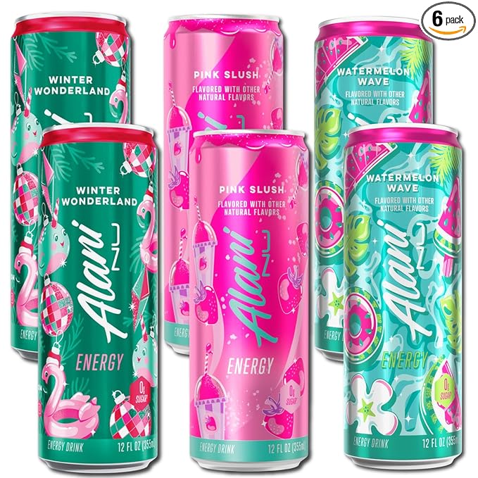 New Alani Energy Drinks Variety Pack Watermelon Wave Pink Slush Winter Wonderland Flavors Sugar-Free Low-Calorie 200mg Caffeine Energy Boost Drink 12 fl oz (Pack of 6)