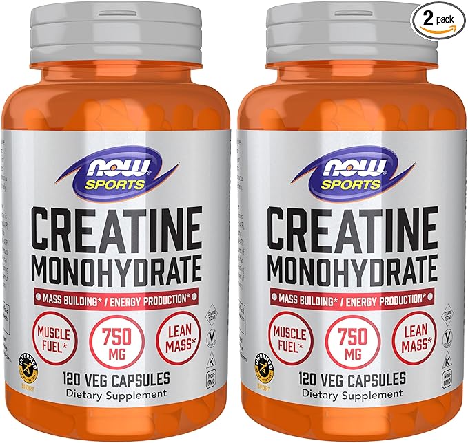 NOW Foods Sports Nutrition Creatine Monohydrate 750 mg Mass Building*/Energy Production* 120 Veg Capsules(Pack of 2)
