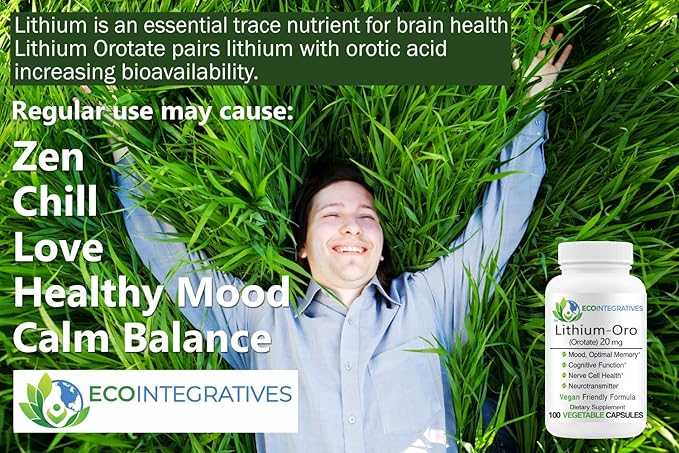 Lithium Oro 20 mg Supports Healthy Mood Emotional Wellness Behavior and Memory. Bioavailable 100 Caps (Elemental Lithium Orotate)