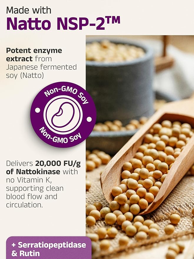 Nattokinase 3000 FU + Serratiopeptidase + Rutin – Cardiovascular &amp Circulatory Support – Natto NSP-2™ Non-GMO Soy – 60 Capsules – Healthy Blood Flow &amp Arterial Function – by Eternity Medicine