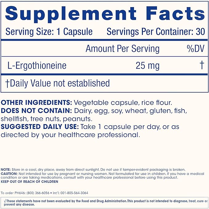 ProHealth Ergothioneine 5X Strength. 25mg Clinical Research Dose. Natural Amino Acid Mushroom Supplement for Improved Cognition Heart Health. Longevity Vitamin. 25 mg/Serving 30 Servings (3 Pack)