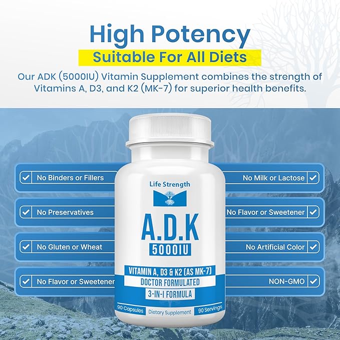 ADK 90 CT 5000 IU Physician Formulated Vitamins A D3 &amp K2 (as MK7) Bone Heart &amp Immune System Support Gluten Free Soy Free Non-GMO