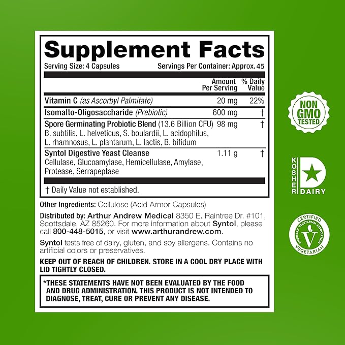 Arthur Andrew Medical Syntol 3-in-1 Formula with Probiotics Prebiotic Fiber &amp Yeast Cleansing Multi-Enzymes 180