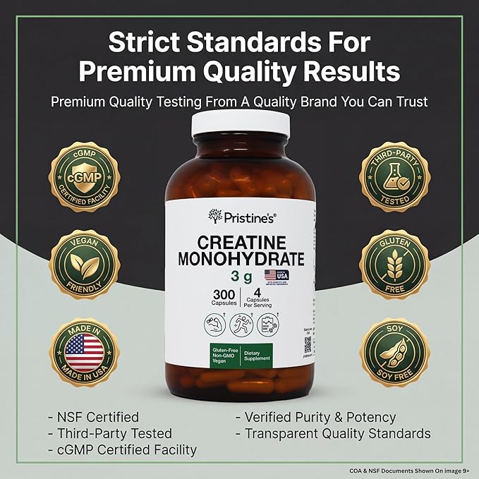 PRISTINE'S Creatine Monohydrate Capsules for Women &amp Men - NSF Certified 75 Day Supply 3G Creatine Pills for Women - Cognitive &amp Athletic Performance Support - Enhanced Recovery Glass Bottle