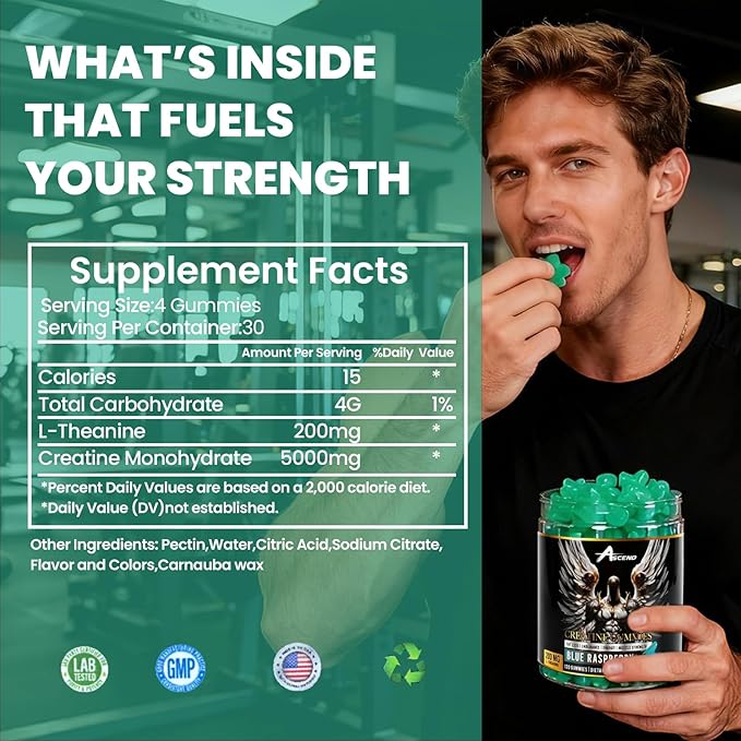 Ascend Creatine Monohydrate Gummies 5000mg (30 Servings Blue Raspberry Flavor)