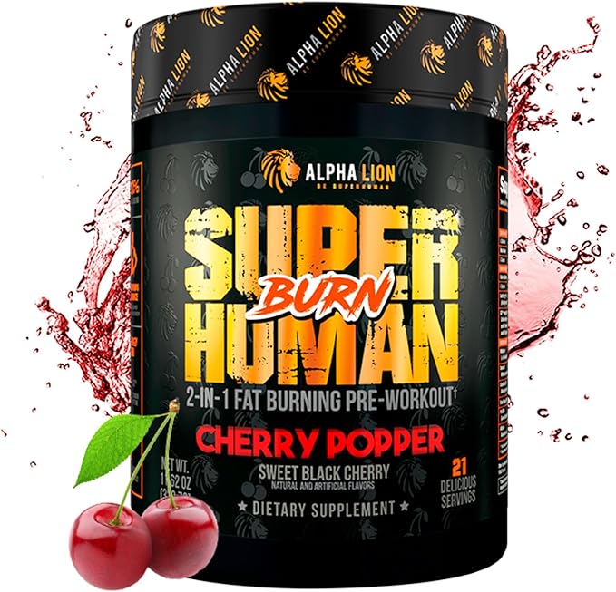 ALPHA LION Superhuman Burn – 2 in 1 Metabolism Booster Pre Workout and Thermogenic Fat Burner for Men – Appetite Suppressant and Weight Loss Supplement (21 Servings Sweet Black Cherry Flavor)