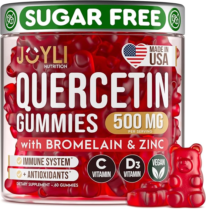 JOYLI Quercetin Gummies - Quercetin with Bromelain Zinc Vitamin C &amp Vitamin D3 - Quercetin Supplement 500MG for Immune System &amp Allergy - Quercetin for Kids and Adults - 60 Quercetin Chewable