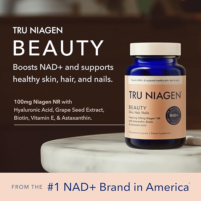 TRU NIAGEN BEAUTY NAD+ for Hair Skin &amp Nails | Contains Niagen® Astaxanthin Hyaluronic Acid Biotin | Supports Skin Elasticity &amp Moisture Retention | Daily Supplements for Men &amp Women |