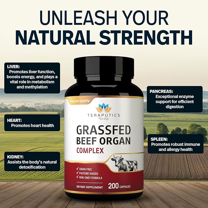 Premium Grass Fed Beef Organ Supplement for Women &amp Men | 200 Capsules | Pasture Raised Grain Free | Beef Liver Heart Kidney Pancreas Spleen | Carnivore Diet Non-GMO Desiccated Liver Pills Com