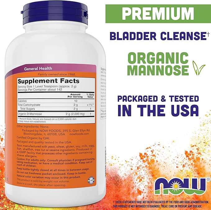 NOW Foods Pure Organic D-Mannose 10 oz Powder - Bladder Cleanse and Urinary Tract Health Supplement - Non-GMO - Vegan Friendly - 2000mg / 2 Grams per Serving