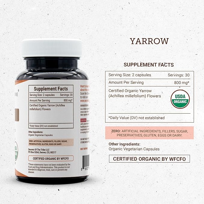 Yarrow 60 Capsules Made with Vegetable Capsules and USDA Organic Achillea millefolium Soothes the Body/Stress Relief (60 Capsules)