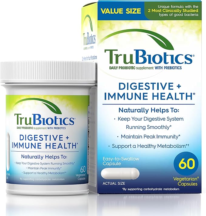 TruBiotics Probiotics for Digestive &amp Immune Health Supports Regularity &amp Helps Relieve Abdominal Discomfort Gas &amp Bloating 2 Clinically Studied Probiotic Strains Plus Prebiotics 60 C