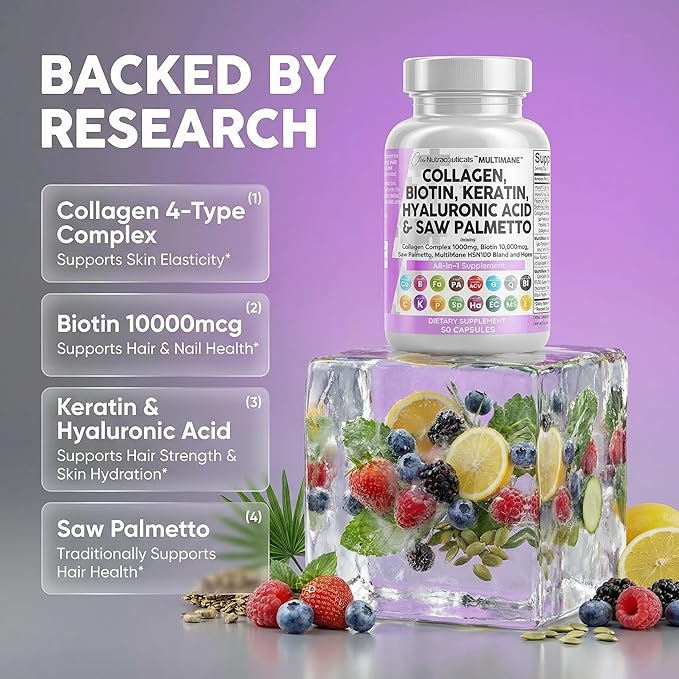 Clean Nutraceuticals Collagen Pills 1000mg Biotin 10000mcg Keratin Saw Palmetto Hyaluronic Acid - Hair Skin &amp Nails Vitamins &amp DHT Blocker with Vitamin E Folic Acid Pumpkin Seed MSM - 90 Count