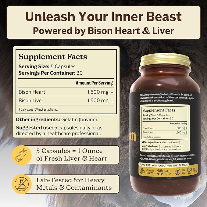 MK Supplements American Beast | Bison Liver &amp Heart Capsules | ~49x More CoQ10 Than Beef Liver | Regeneratively Raised Bison | 150 Capsules