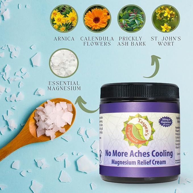 Taspen’s Organics Magnesium No More Aches Cooling Cream – Topical Magnesium Cream for Muscle Relief Sore Muscles &amp Post-Workout Recovery with Arnica Herbs &amp Essential Oils