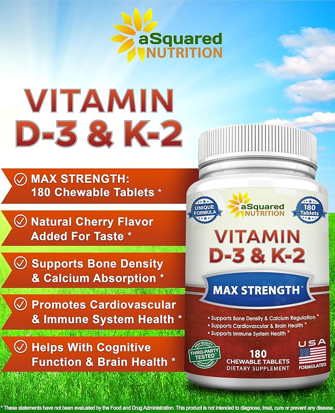 aSquared Nutrition Vitamin D3 with K2 Supplement-180 Chewable Tablets Max Strength D-3 Cholecalciferol &amp K-2 MK7 to Support Healthy Bones Teeth Heart -Antioxidant D3 &amp K2 MK-7 Energy Formul
