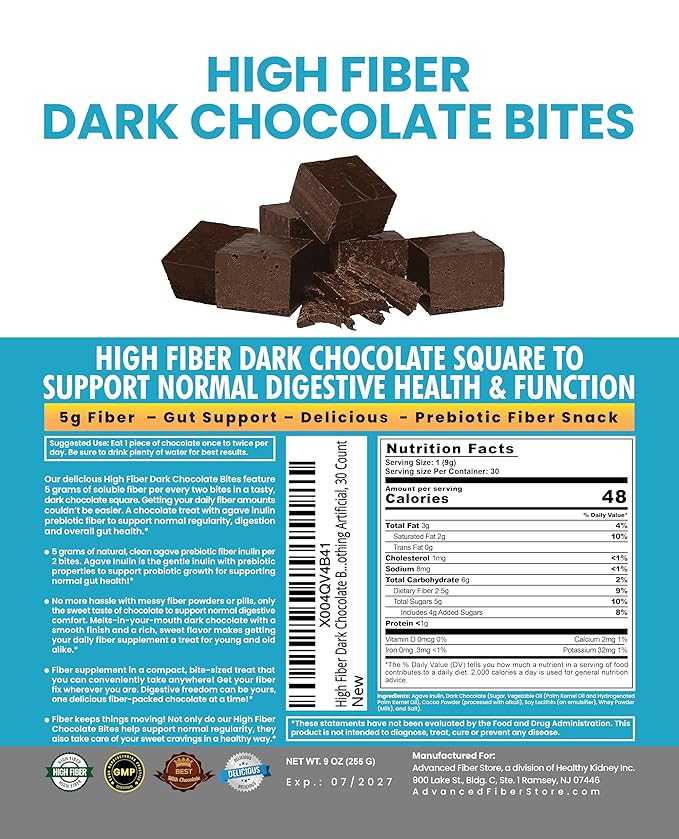 High Fiber Dark Chocolate Bites for Adults &amp Kids 5g Soluble High Fiber Snacks for Adults &amp Kids Real Chocolate Better Than Fiber Bars or Cookies for Gut Health 30 Count Chocolate Fiber Sna