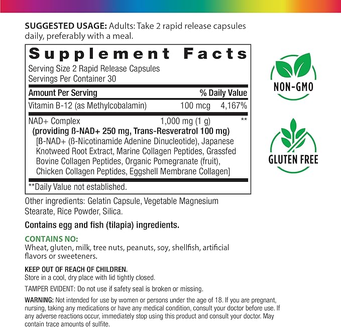 Rainbow Light NAD + Trans-Resveratrol Multi Collagen | 60 Rapid Release Capsules | Supports Healthy Aging &amp Cellular Energy | Non-GMO and Gluten Free