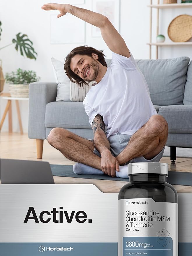 Horbäach Glucosamine Chondroitin MSM | 360 Caplets | Advanced Formula with Turmeric | Non-GMO Gluten Free