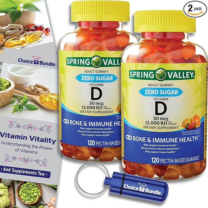 Choice Bundle Spring Valley Zero Sugar Vitamin D 50 mcg Gummies Supports Bone &amp Immune Health 120 Ct 2 pk (240 Total) + Vitamin Guide and Pill Container (4 Items)!