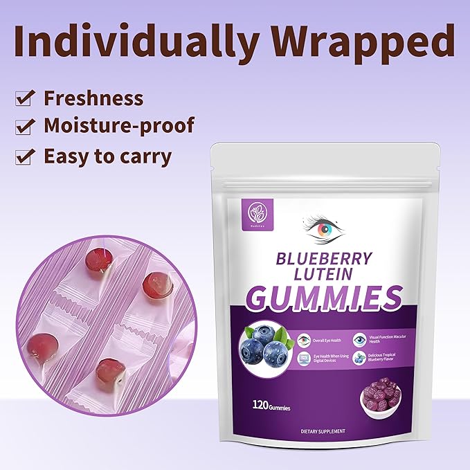 Blueberry Lutein Gummies with 120 Count - 2 Month Supply Eye Health Support Supplement for Kids and Adult Contains Blueberry Juice (30 mg/Gummy) &amp Lutein (20 mg/Gummy)