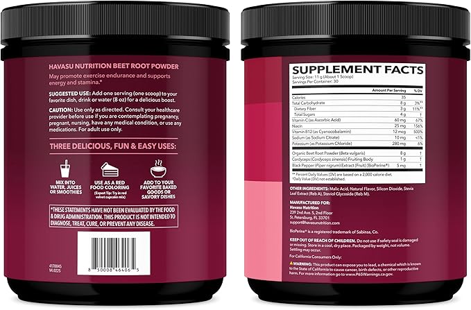 Organic Beet Root Powder with Vitamin B12 &amp Coryceps - Nitric Oxide Supplement - Beetroot Powder for Energy &amp Post Workout Recovery - Mix with Water or Smoothies Cherry Berry Flavor - 30 Serv
