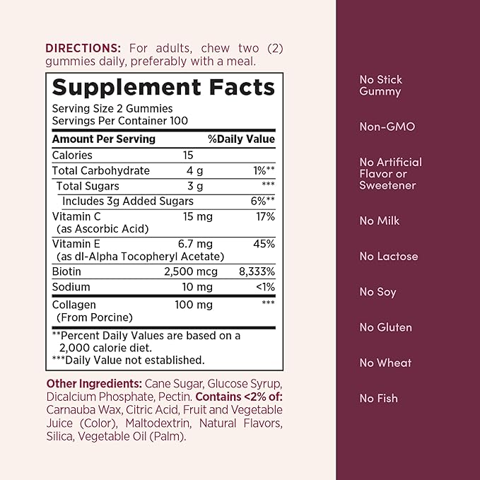 Nature's Bounty Optimal Solutions HairSkin and Nails Collagen Pectin Gummies100 mg Collagen &amp 2500 mcg Biotin Per ServingNo Stick GummyTropical Citrus Flavor100 Total Servings200 ct (Pack o