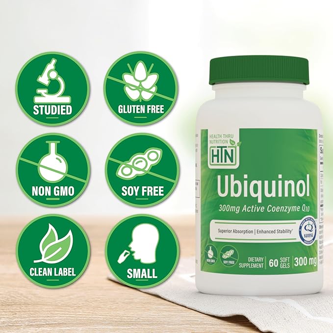 Health Thru Nutrition Ubiquinol 300mg 60 Softgels as Kaneka QH Reduced CoQ-10 | Stabilized - 3rd Party Tested | Enhanced Bioavailability | Cardiovascular &amp Mitochondria Function Support | Non-GMO