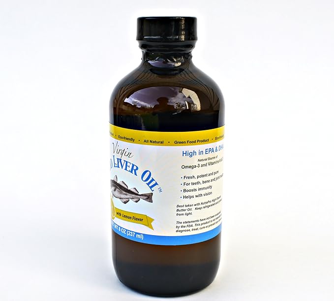 Virgin Cod Liver Oil - 8 Fl oz Natural Wild Caught &amp Fresh Tasting.High in Vitamin D Omega 3 DHA/EPA (Lemon Flavored)