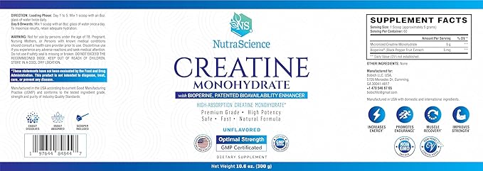 NutraScience Creatine Monohydrate Powder with BioPerine Supports Lean Muscle Growth and Recovery 60 Servings 5000mg Per Serving Unflavored GMP sertified Vegan Friendly Non GMO