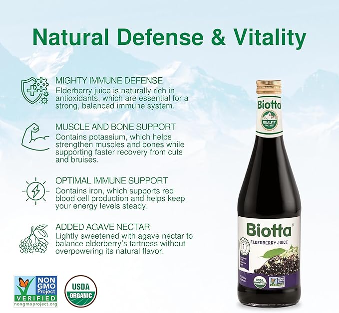 Biotta Organic Elderberry Juice - Naturally Sweetened Fruit Juice For Optimal Immune Support Function - With Immunity Boosting Elderberries - Good Source of Potassium (16.9 Fl Oz Pk of 6)